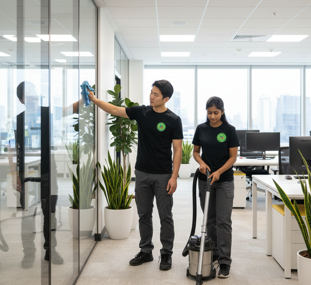 Gemini_Generated_Image_jnlb5yjnlb5yjnlb An Asian man and woman in professional black t-shirts and grey trousers clean a modern, sunlit office. The man wipes a glass partition with a blue microfiber cloth, while the woman uses a vacuum on the carpet. The bright open-plan workspace features large windows, white desks, and several potted snake plants and a fiddle-leaf fig.